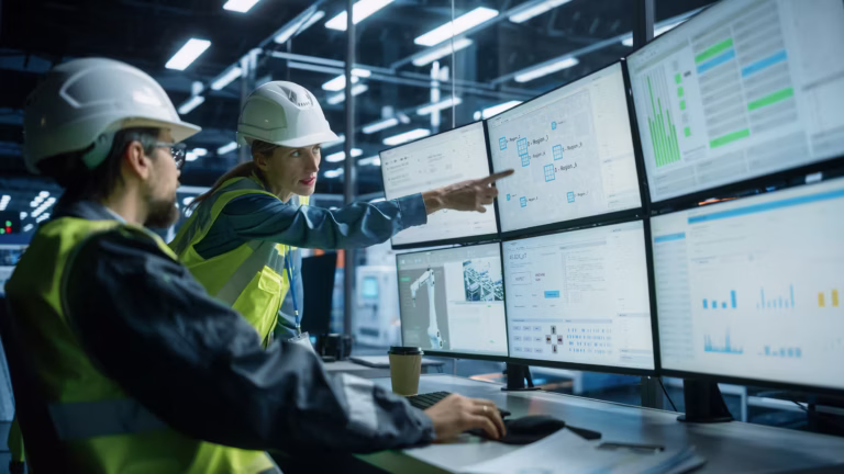 Ingenieure überwachen Energieströme auf mehreren Monitoren – Symbolbild für BESS, Energieüberwachung und Spitzenlastmanagement in der Industrie: