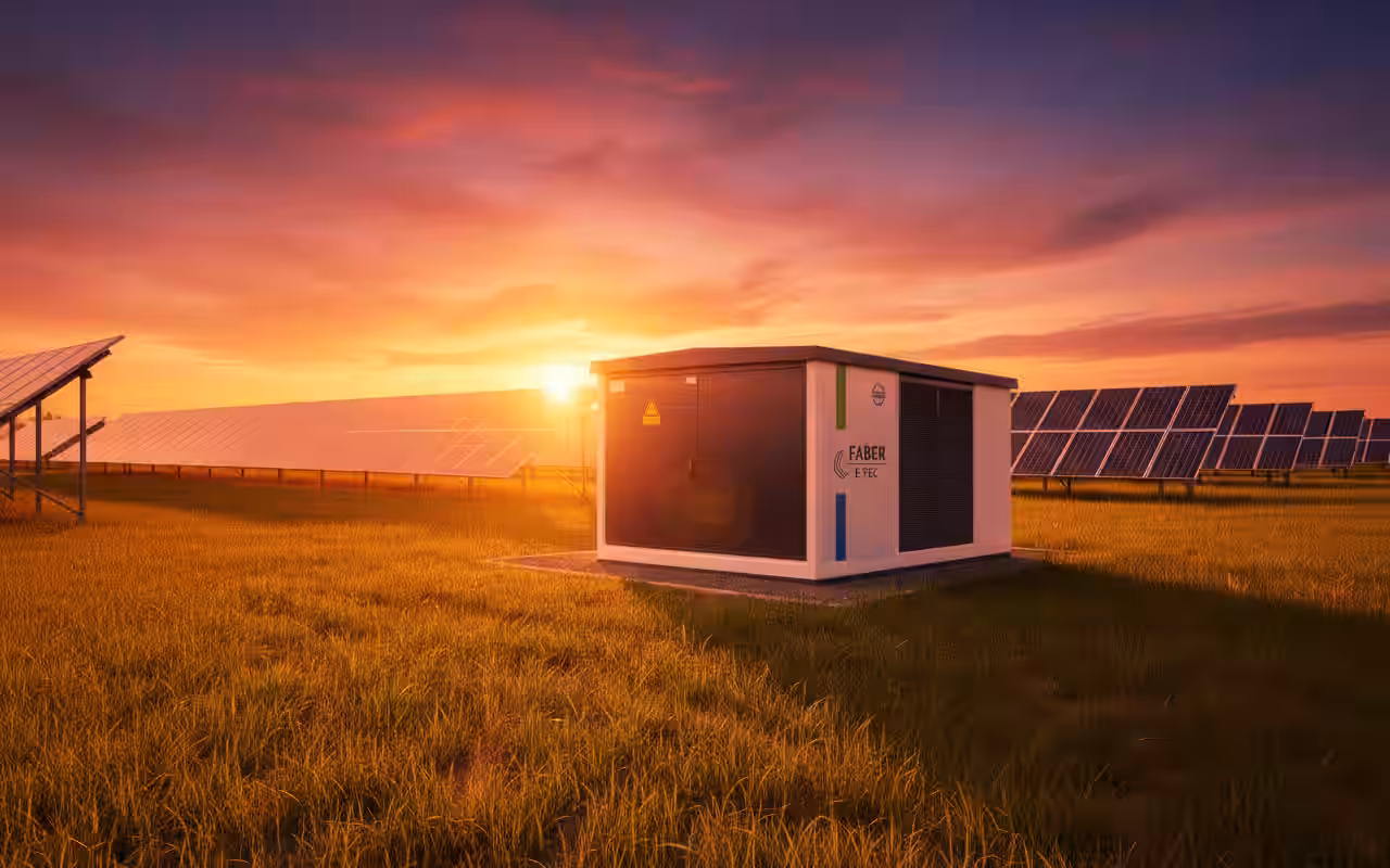 Estación transformadora compacta de FABER E-TEC en el parque solar al atardecer - conexión a la red y estación de transferencia para fotovoltaica