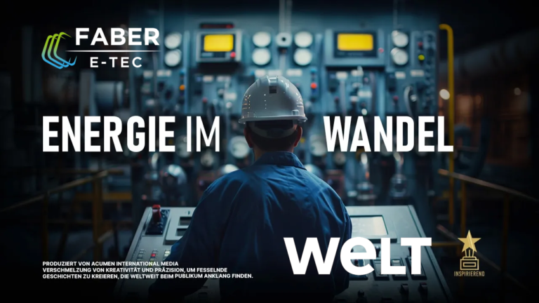 Faber Energy Group im WELT-Feature: Energieinfrastruktur für Photovoltaik: Wie die Faber Energy Group die Solarzukunft gestaltet Ein Foto, das einen Arbeiter in einem industriellen Kontrollraum von hinten zeigt, der an einer Konsole mit Wählscheiben und Monitoren arbeitet. Der große Text über der Szene lautet "ENERGIE IM WANDEL". Ein weiterer großer Text unten rechts lautet "WELT". Oben links befindet sich entweder das Logo von "FABER SOLARTECHNIK" (mit gelb-orangefarbener Sinuswelle und Solarsymbol) oder das Logo von "FABER E-TEC" (mit drei blauen, verbundenen Bögen). Im kleingedruckten Text unten links steht: "PRODUZIERT VON ACUMEN INTERNATIONAL MEDIA / VERSCHMELZUNG VON KREATIVITÄT UND PRÄZISION, UM FESSELNDE GESCHICHTEN ZU KREIEREN, DIE WELTWEIT BEIM PUBLIKUM ANKLANG FINDEN." Unten rechts ist ein kleiner goldener Award-Stern mit dem Wort "INSPIRIEREND" abgebildet.