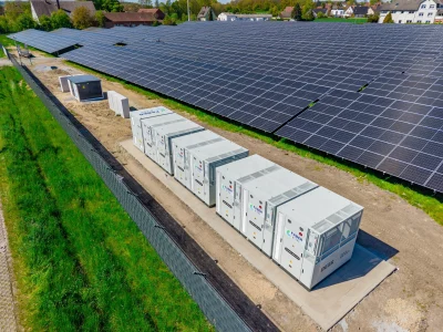 {bildtitle} Schlüsselfertiger Faber E-Tec Batteriespeicher für Solarparks bei der Montage in der Gemeinde Rödinghausen.