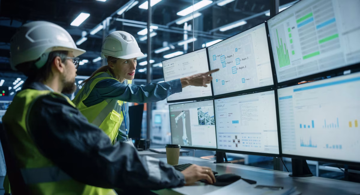 Ingenieure überwachen Energieströme auf mehreren Monitoren – Symbolbild für BESS, Energieüberwachung und Spitzenlastmanagement in der Industrie: