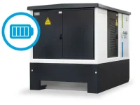 Kompakte Trafostation von Faber E-Tec für den Netzanschluss von BESS-Batteriespeichern an das Mittelspannungsnetz. Kompaktstation Mittelspannung, Netzanschluss Batteriespeicher, VDE-AR-N 4110 BESS, Transformator für Energiespeicher.